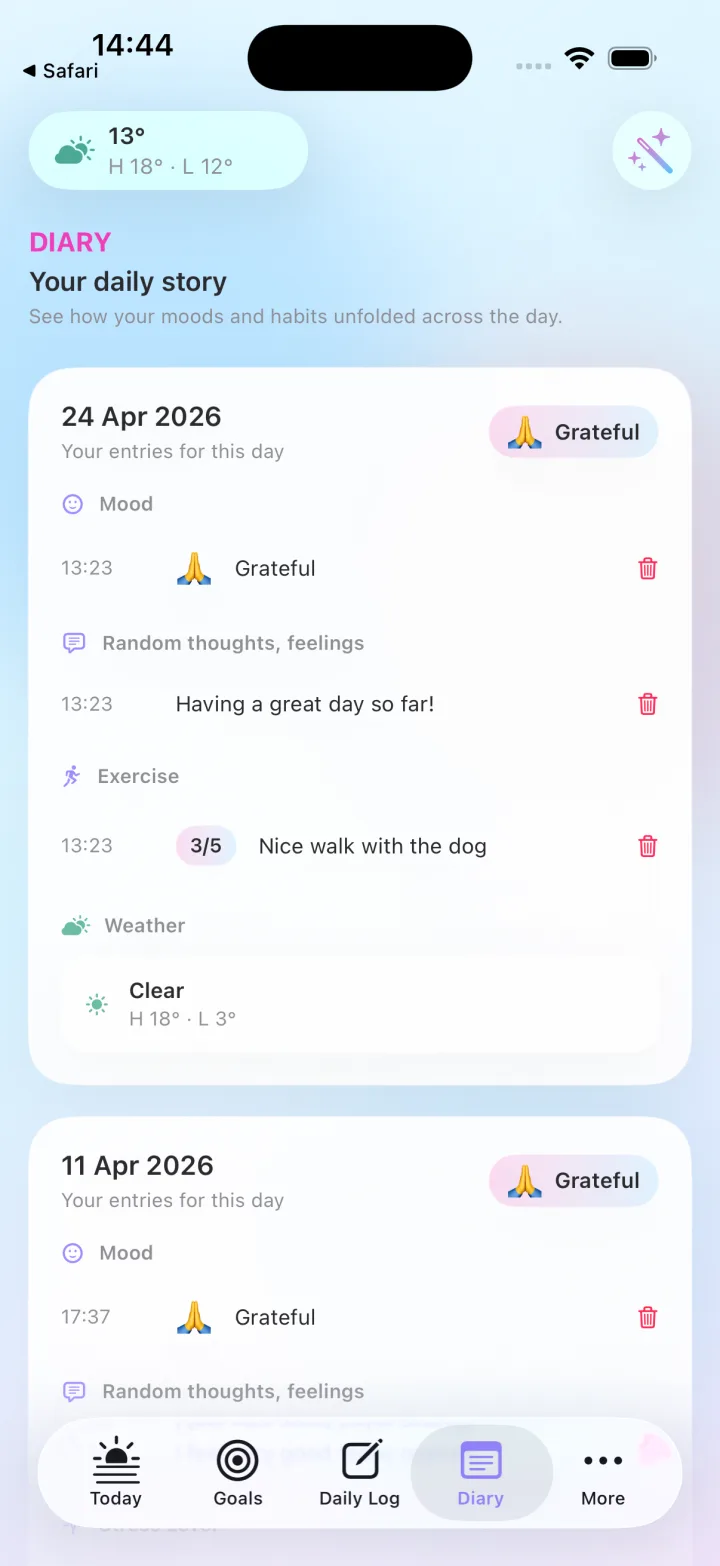 Aligned Self Diary screen showing daily mood, reflection, exercise and weather entries.