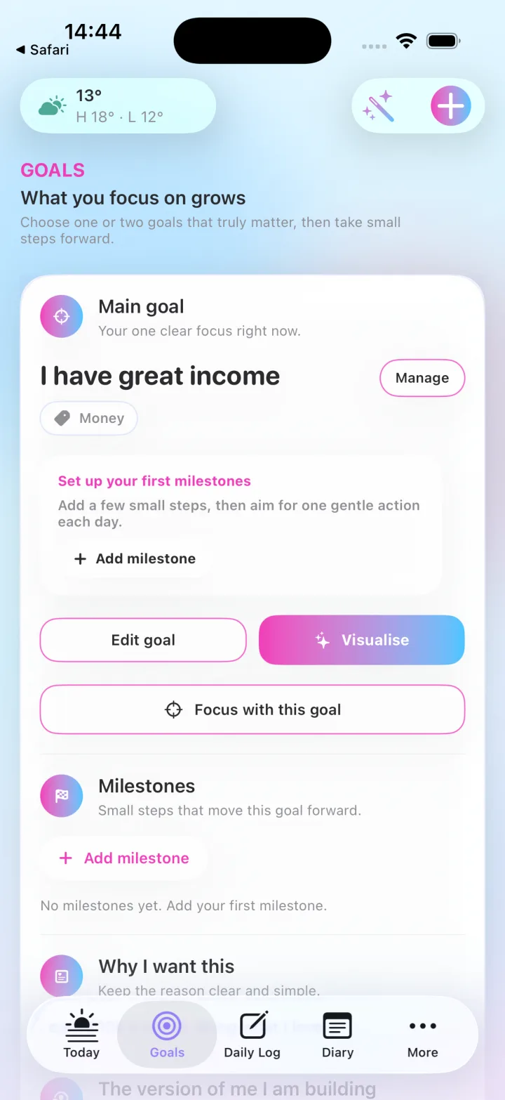 Aligned Self Goals screen showing a main income goal, milestone setup and visualisation actions.