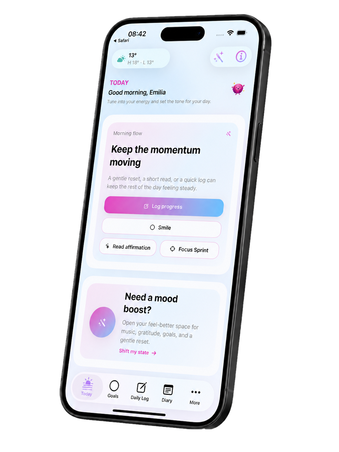 Aligned Self Today screen showing the morning flow, mood boost, and daily actions.